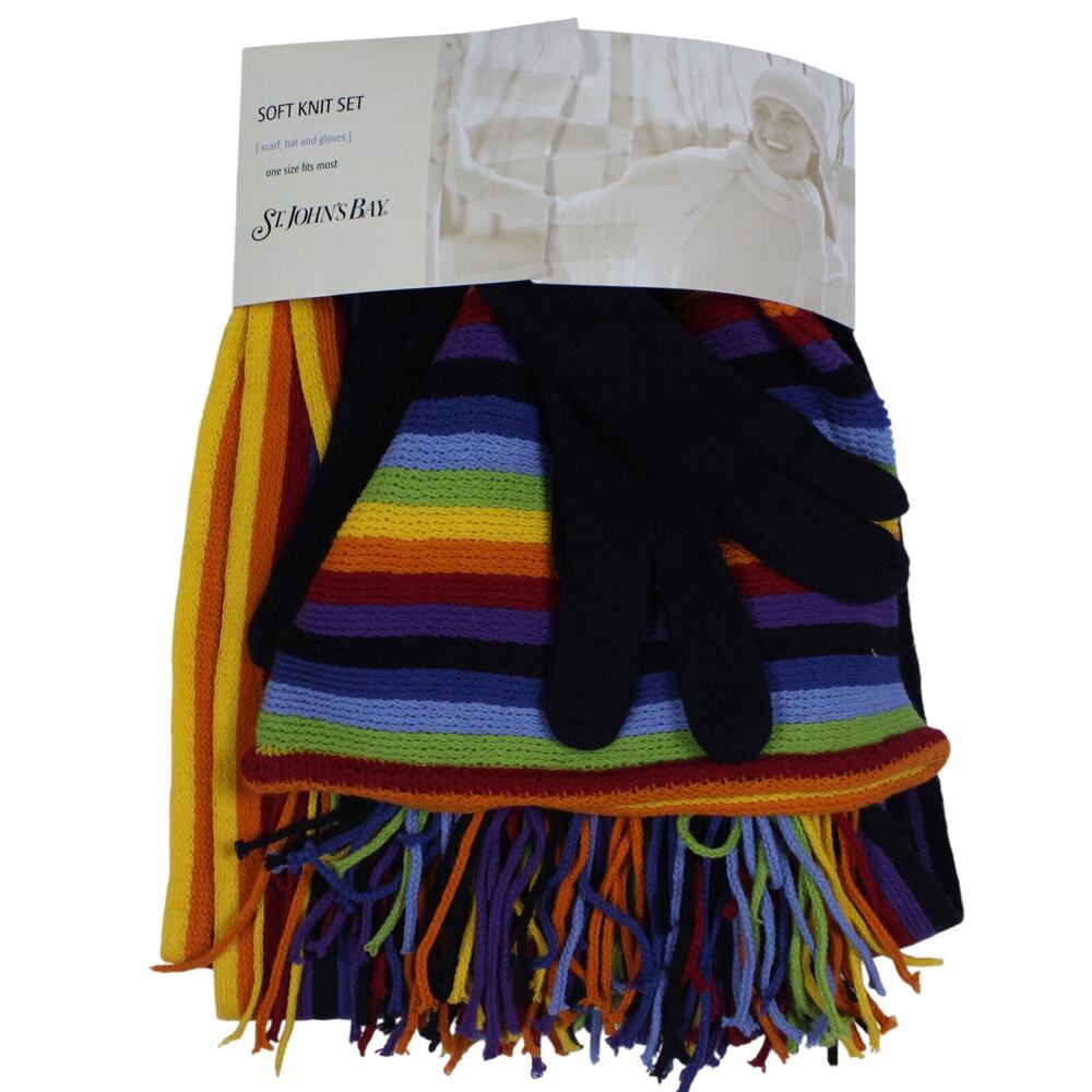 St. John's Bay Knit set scarf hat gloves RAINBOW 100% acrylic multicolor NEW NWT